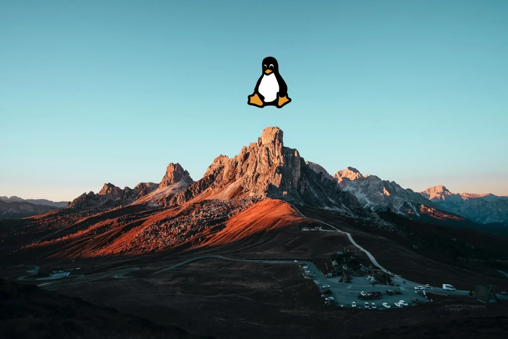 Linux icon in front of a mountain.