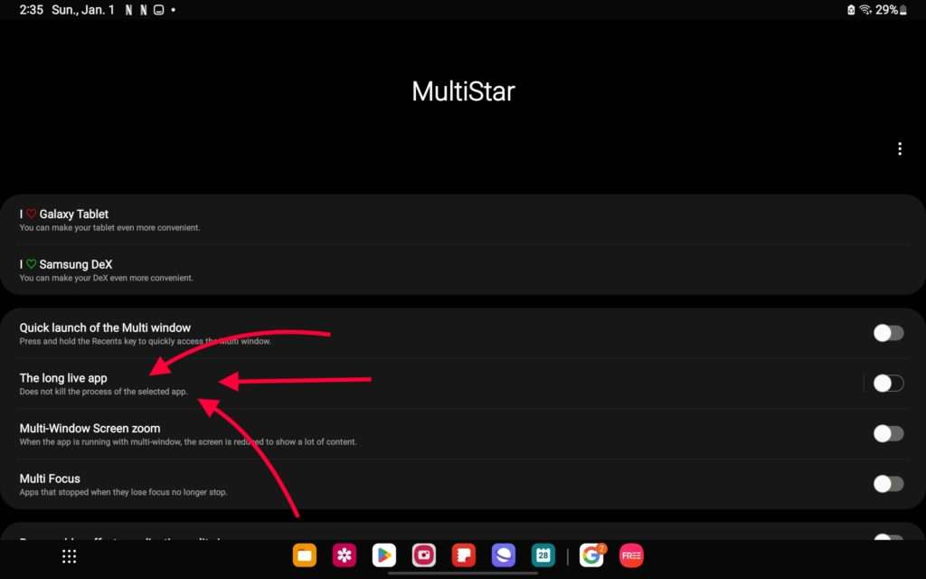 Multistar settings on Samsung Galaxy Tablet.